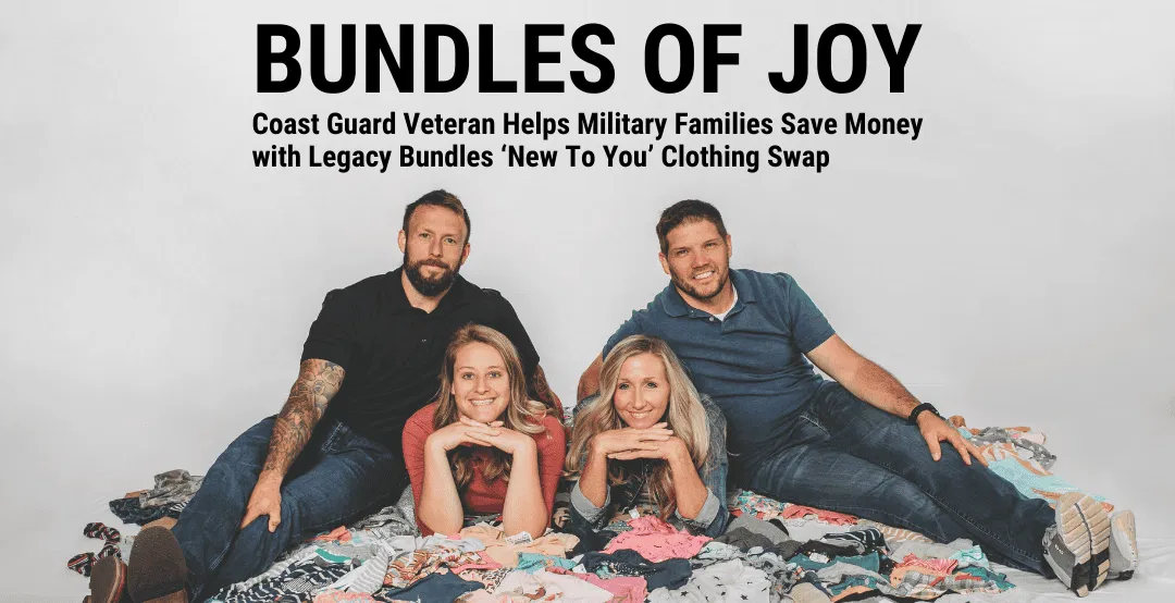 Two military couples sitting/laying on a pile of children's clothes