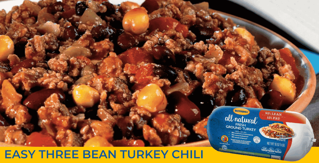 A bowl of Butterball's Easy Three Bean Turkey Chili