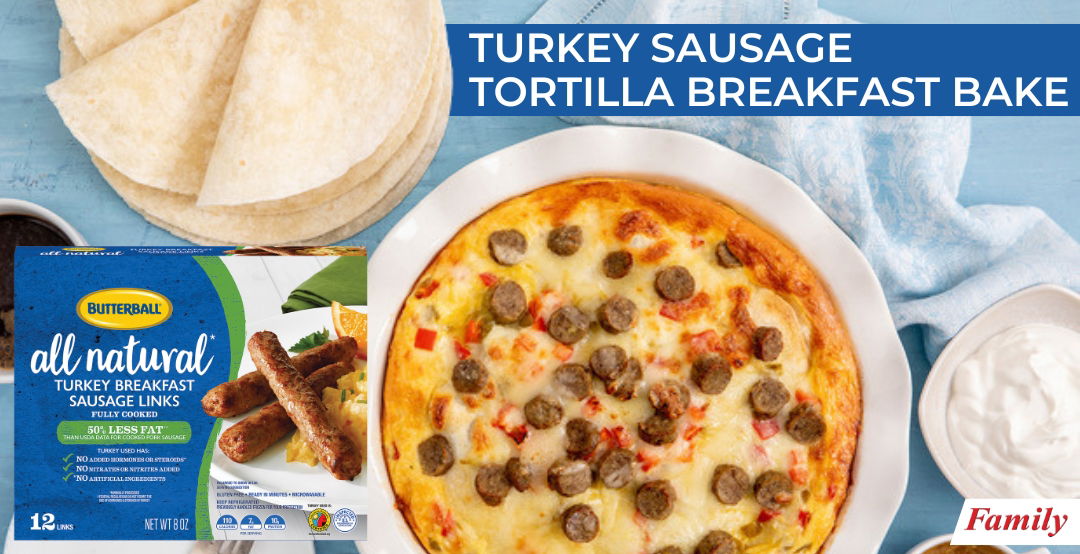 Butterball turkey sausages on a warm tortilla with cheese, peppers and eggs