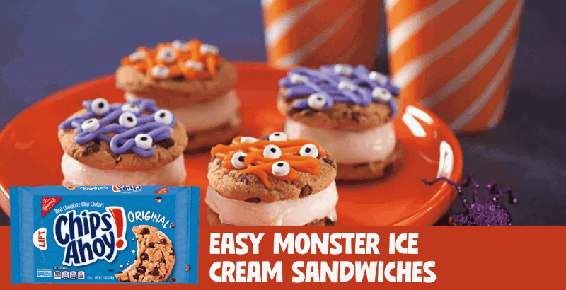 Small Cookie Ice Cream Sandwiches with purple or orange icing and eyeball candies on top