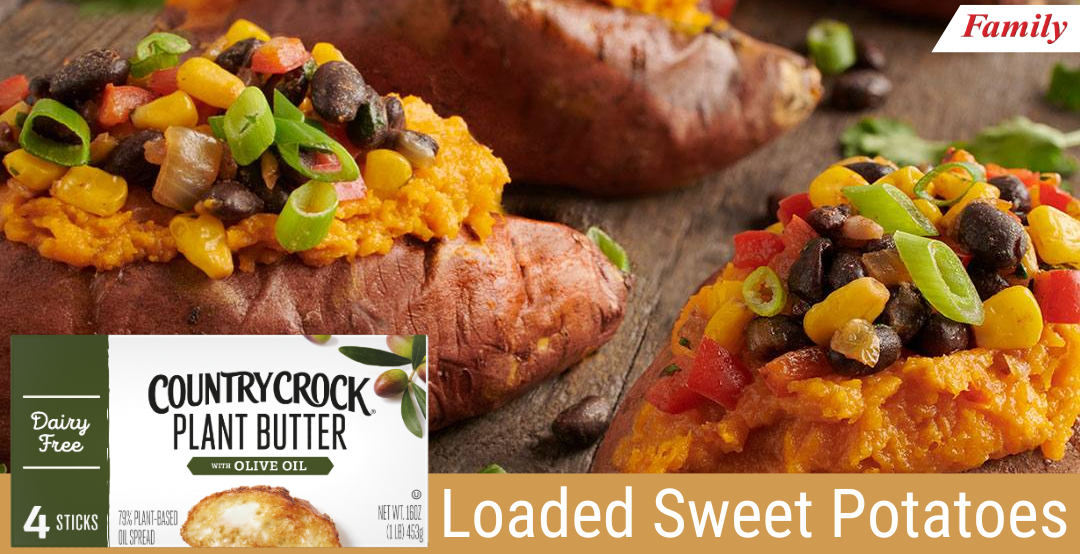 Sweet potatoes loaded with veggies, beans and seasonings