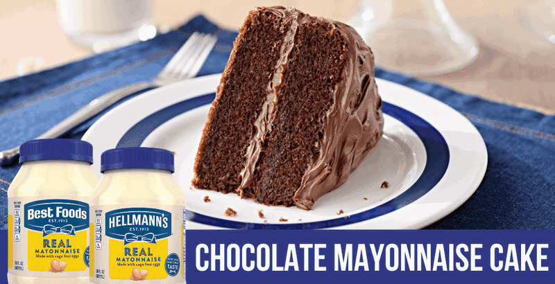 A thick slice of chocolate cake with chocolate frosting sitting on a white plate, with a bottle of Hellmann's Mayonnaise and a bottle of Best Foods Mayonnaise superimposed in front