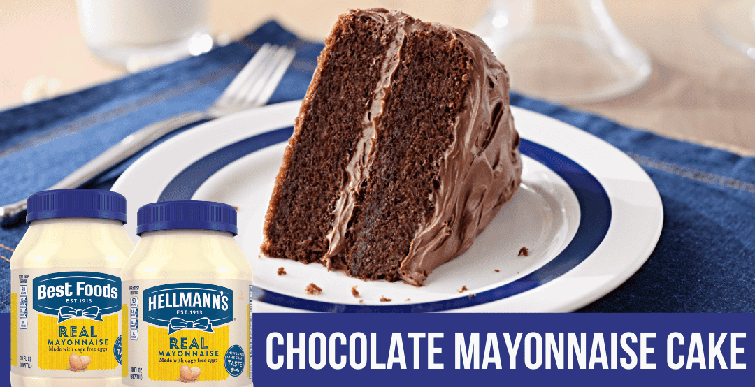 A thick slice of chocolate cake with chocolate frosting sitting on a white plate, with a bottle of Hellmann's Mayonnaise and a bottle of Best Foods Mayonnaise superimposed in front