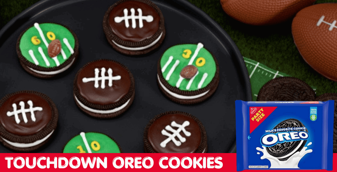 Football-themed decorated OREOs on a black plate with a whistle and mini football on the table next to the plate