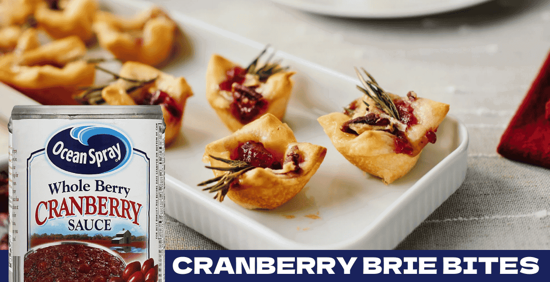 A platter of Cranberry Brie Bites, bite sized treats of pastry, brie and cranberry