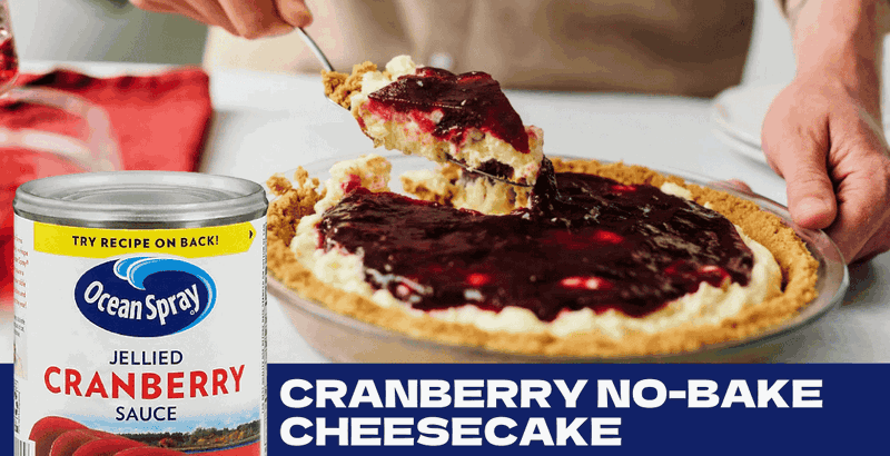 Someone serving a slice of a Cranberry No-Bake Cheesecake