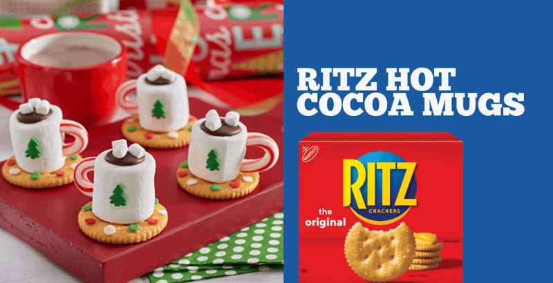 Ritz crackers frosted and topped with marshmallows to look like cups of hot cocoa 