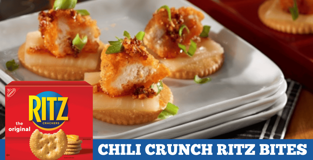 RITZ crackers topped with chili chicken and cheese on a plate