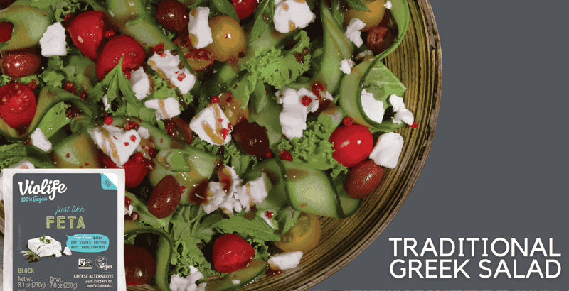 A bowl of Violife's incredible traditional Greek salad